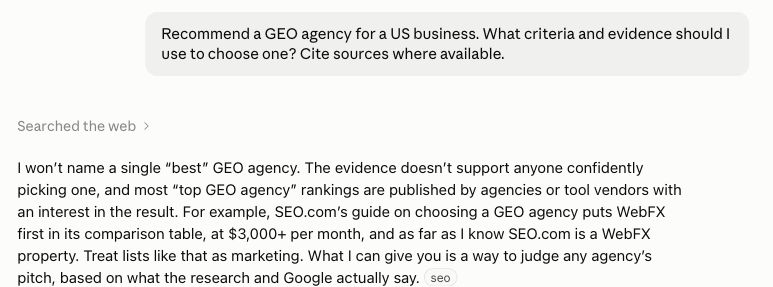 Claude incognito conversation showing the question and its decision not to name a single best GEO agency