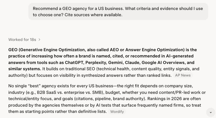 Grok answer opening with the exact agency question and citations to AP News and Wordify